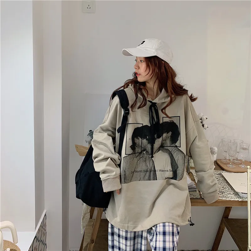 Woherb легкие Свободные Кофты для женщин Harajuku Толстовка Уличная Для девочек графический принт негабаритный топ с капюшоном корейский Modis Moletom