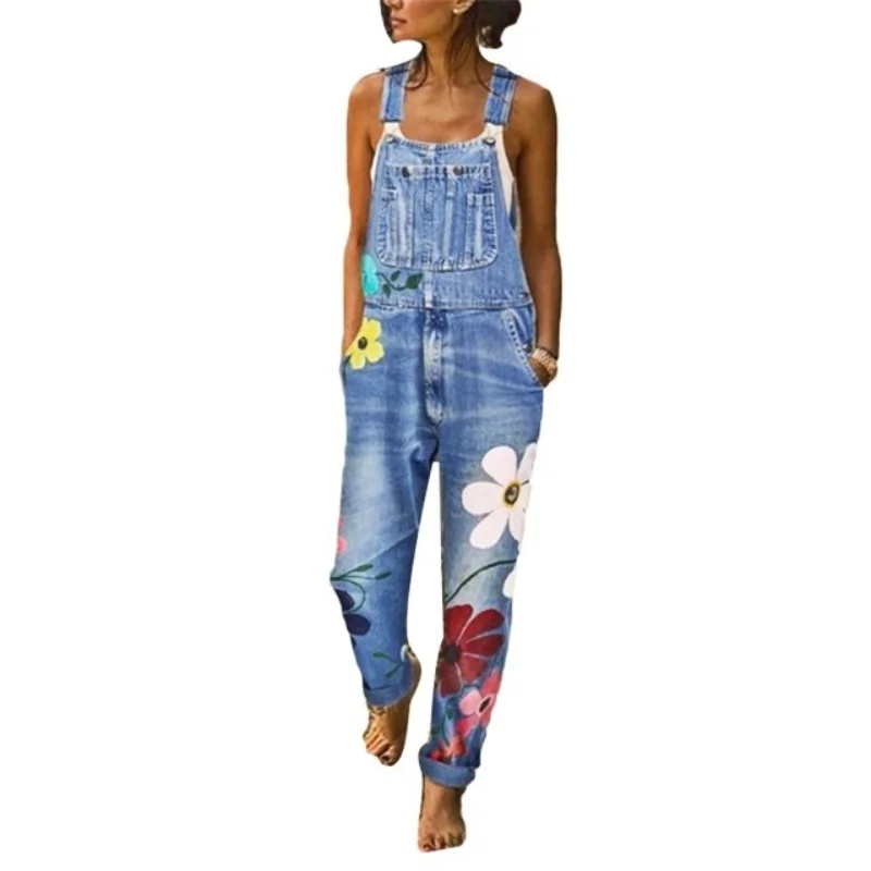 One Piece Denim Jumpsuit for Women Vintage Sleeveless Spaghetti Strap Floral Print Jeans Overalls Ladies Casual Jean Bodysuits |