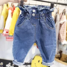 Осенние джинсы на пуговицах с завышенной талией для девочек; детская одежда с номером K02 INS