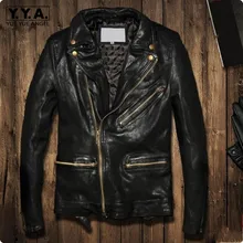 Зимние европейские мужские Куртки из натуральной кожи овечья кожа короткий, зауженный крой пальто на молнии Байкер Мотоцикл Блузон Cuir Homme