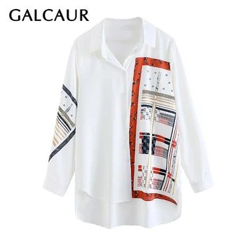 

GALCAUR Vintage Print Hit Color Women's Shirt Lapel Collar Long Sleeve Plus Size Loose Chic Blouse Female Spring Fashion 2020