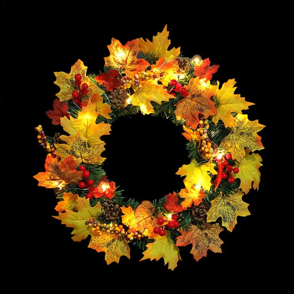 

40CM Thanksgiving Autumn Wreath Golden Pumpkin Maple Leaf Fruit Branch Rattan Pendant Door Decoration Christmas Halloween Wreath