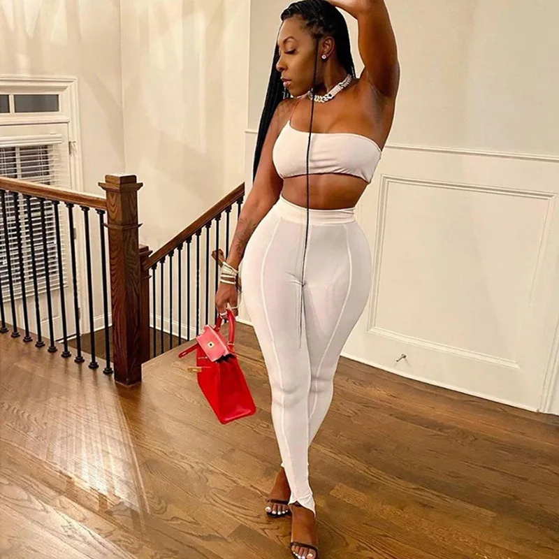 

Fashion Street Two Piece Set Sexy Bodycon Outfit Solid One Shoulder Tracksuit Women Sporty Casual Sets Sleeveless Top And Pants