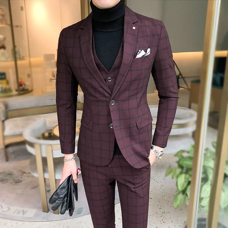

Autumn And Winter New Youth Men's Korean Version Of The Slim Fashion Big Plaid Suit Set Three-piece Tide Men's Suit