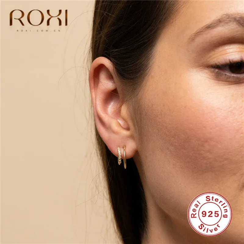 ROXI 925 пробы, серебряные серьги-гвоздики с кристаллами, сверкающие двухрядные циркониевые серьги для женщин, свадебные ювелирные изделия, двухслойные серьги