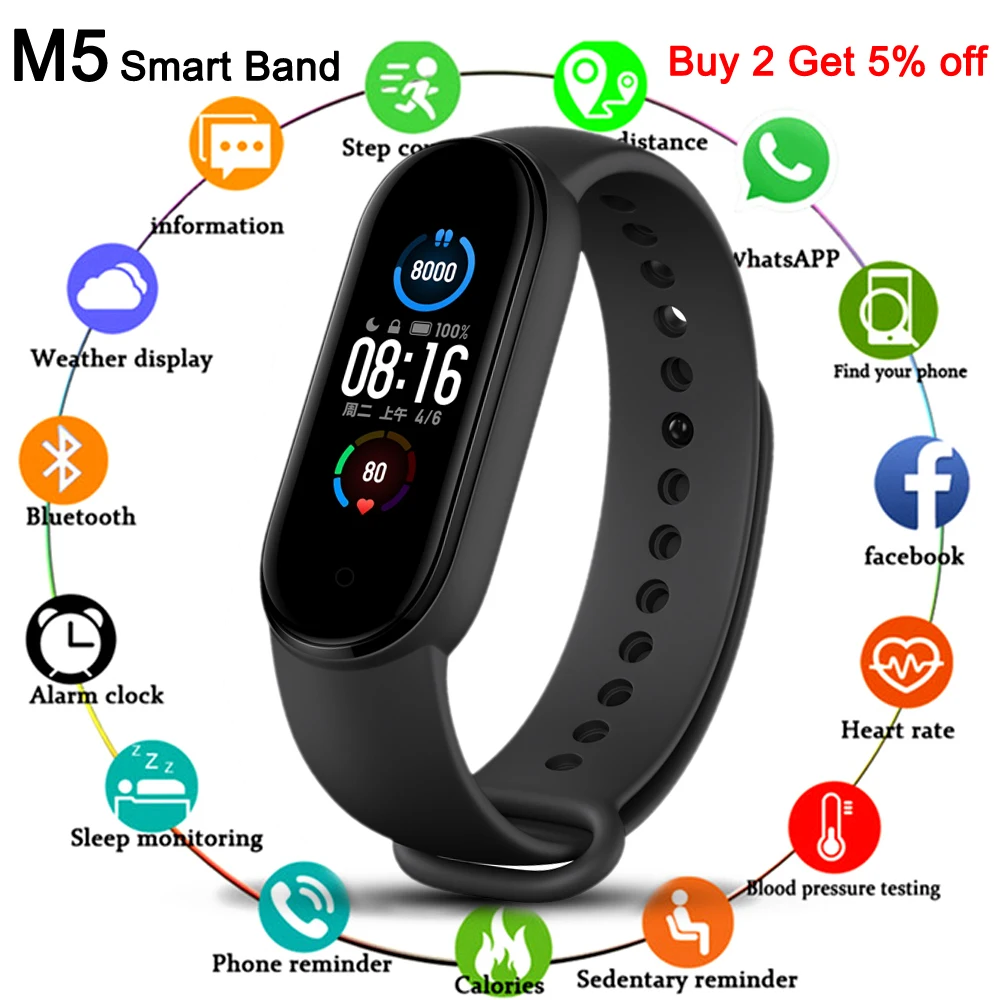 Original M5 Smart Band Fitness Tracker Wristband Heart Rate Monitor Watch Alarm Clock Bracelet for Men Women PK T500 W28 | Электроника