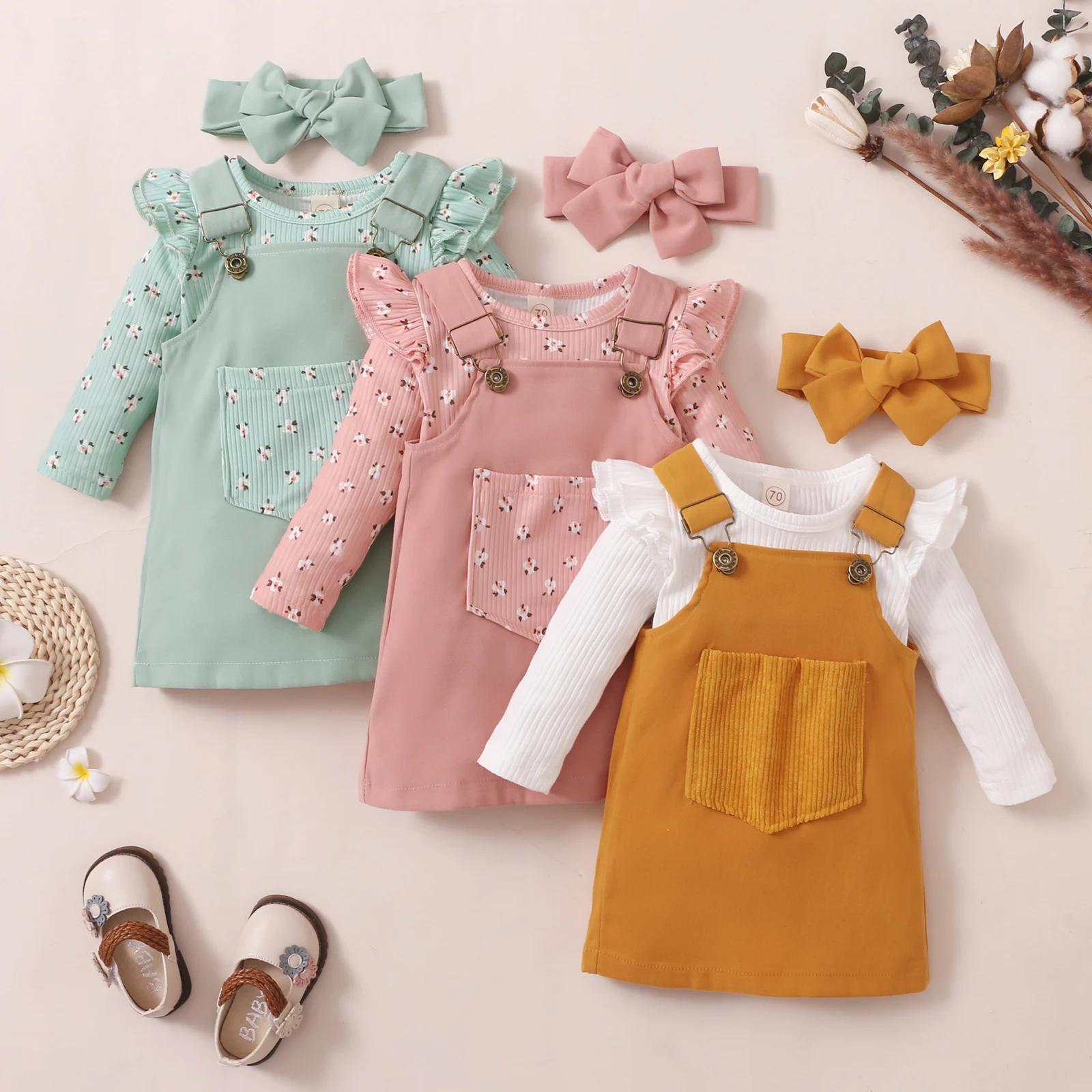 3pcs Children Baby Girl Casual Fly Sleeve Knitted Jumpsuits + Pocket Suspender Dress+ Headwear Clothes Infant Cotton Outfits kids clothes set baby girl clothing set