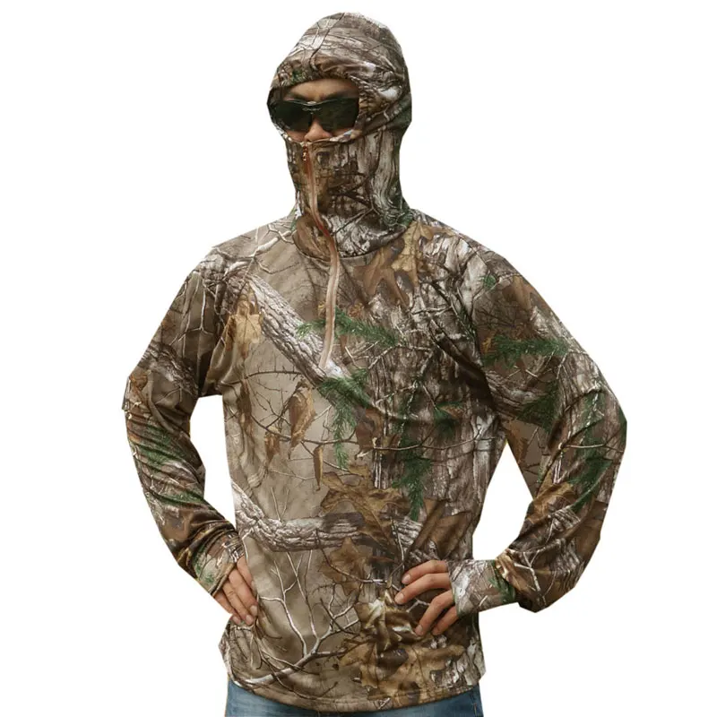 Охотничьи бионические камуфляжные Топы с капюшоном, летняя одежда с длинным рукавом, ледяная шелковая камуфляжная одежда, дышащая Солнцезащитная футболка для рыбалки, птиц - Цвет: Pine