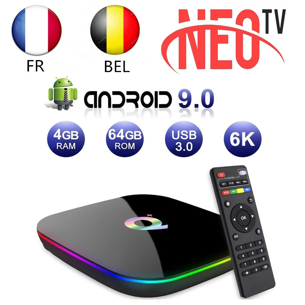 

Q Plus Smart TV Box with 1 Year NEO IPTV Code France Spanish Italy 6K Android 9.0 TV Box H.265 USB3.0 2.4G WiFi IPTV Set Top Box