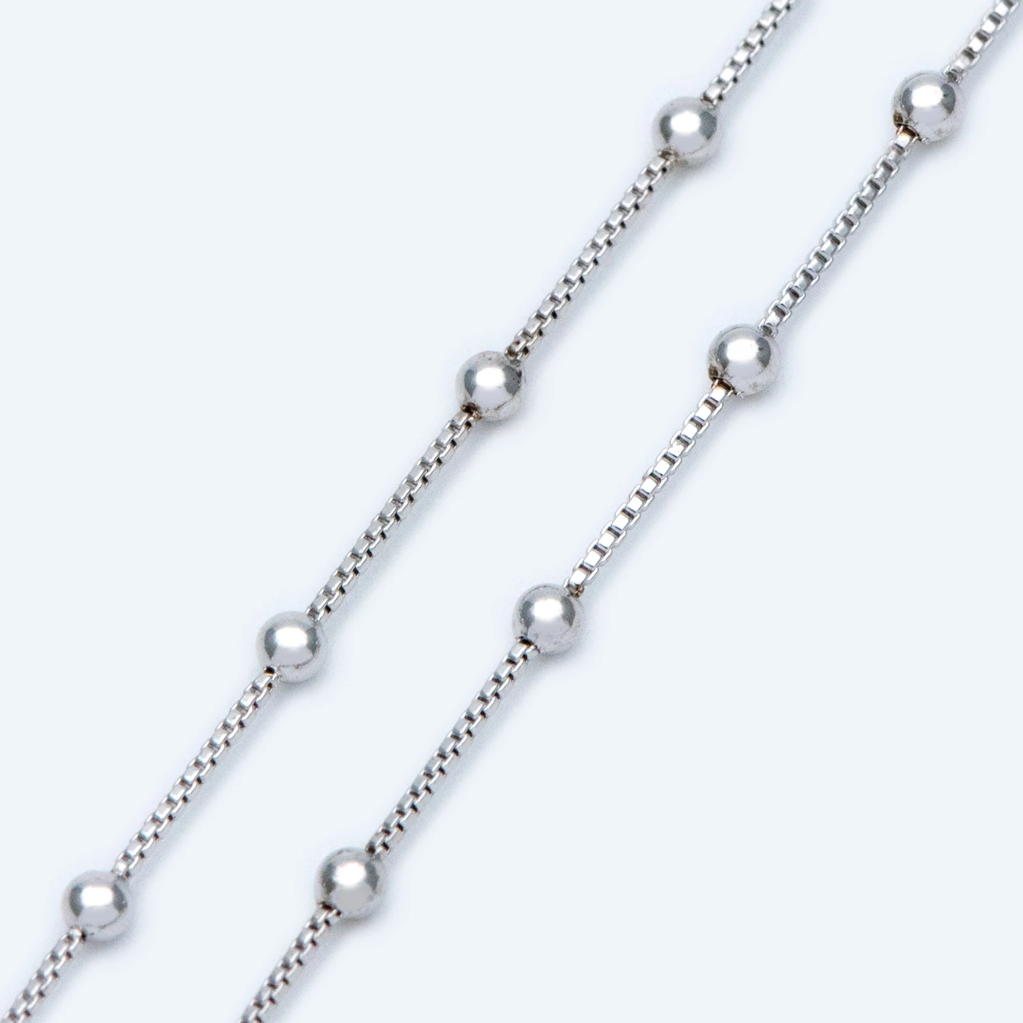 

Silver tone Beaded Chains, 0.7mm Box Chain with 2mm Round Beads, White Gold Ball Chain Wholesale (#LK-230-2)/ 1 Meter=3.3 ft