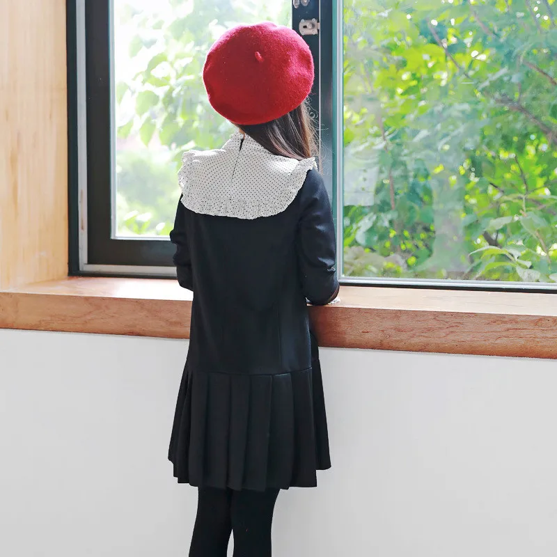Для детей от 3 до 12 лет, кружевное плиссированное платье в горошек с длинными рукавами и рюшами для крупных девочек детское осенне-зимнее черное платье для вечеринки