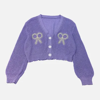 

Knitted Bow Embroidery Women Cropped Cardigan Solid Larten Sleeve V Neck Ladies Knitwear 2020 Autumn Sweety Female Sweaters