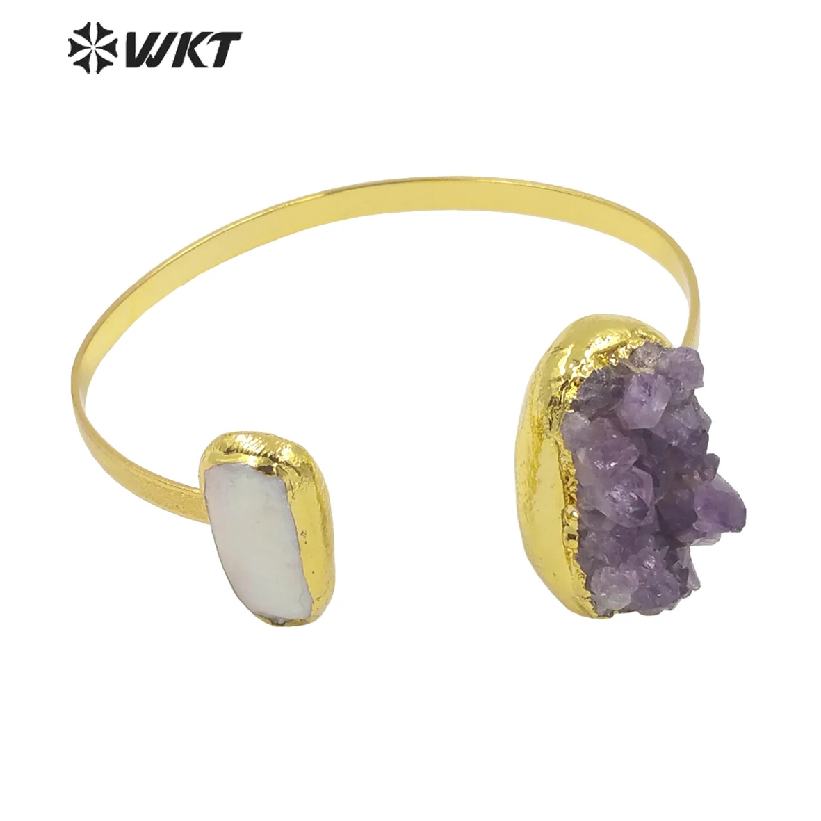 

WT-B582 WKT Beautiful And Attractive Gold Electroplated Open Size Cuff Bangle Women Exquisite Natural Amethysts Decorative