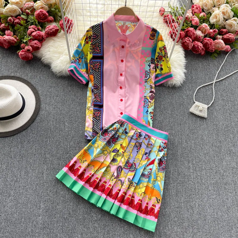 Short-sleeved Shirt Women Design Sense Small Public Color Printing Stylish Matching Age Reduction Pleated Skirt Two Suit Tide |