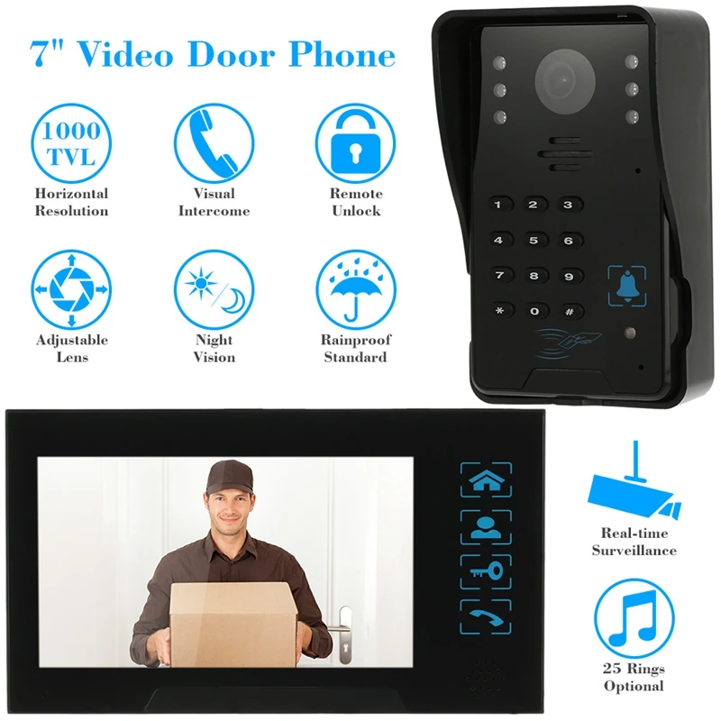 Wired Press Key 7 Inch Video Door Phone Intercom Doorbell System Kit Night-Vision 1 Rfid Keypad Code Ir Camera+1 Monitor