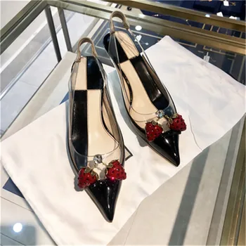 

Cherry Pumps Women Wedding Shoes Pointed Toe Kitten Heel Clear PVC Slingbacks Sandals zapatos de mujer 2020 Spring Fashion