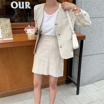 

ZCWXM Summer V-Neck Women's Blazers Casual Loose Jacket Cotton and Linen New 2020 Vintage Pockets Elegant Short Tops New