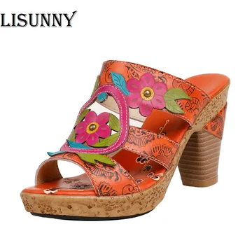 

LISUNNY 2020 Women Shoes Hand-painted Ladies Slippers High Heels Genuine Leather Slides Sewing Outside New Lady Sandals