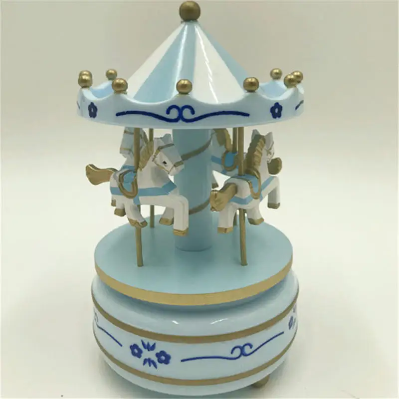 New Year Gift Musical Wooden Horse Carousel Music Box Birthday Party Boy Girl Game Gift Desktop Decoration 11.5*11.5*17.5cm - Цвет: Light blue flower