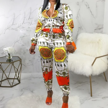 

2020 Fashion Chain Printed Rompers Women Jumpsuits Zipper Front Casual One Piece Overalls Streetwear
