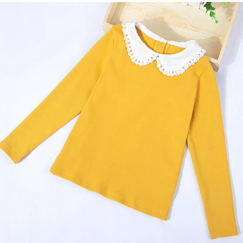 Back To School Clothing Peter Pan Collar Cotton Girls Tops Kids T Shirts Girl Yellow Pink Big Girl Tshirt Children Autumn