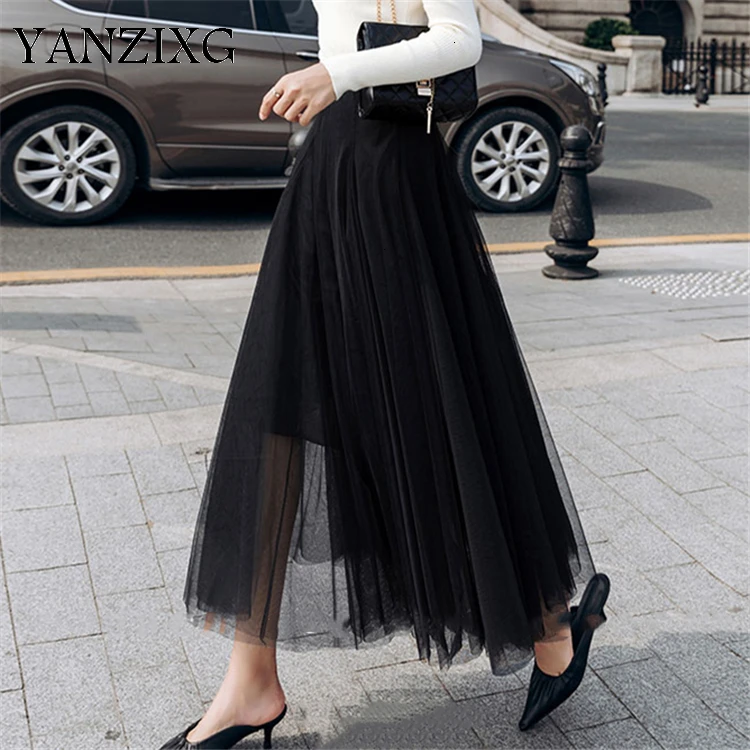 Осенне-зимняя женская юбка длиной до щиколотки, повседневная элегантная Тюлевая разноцветная Милая женская юбка с высокой талией D624