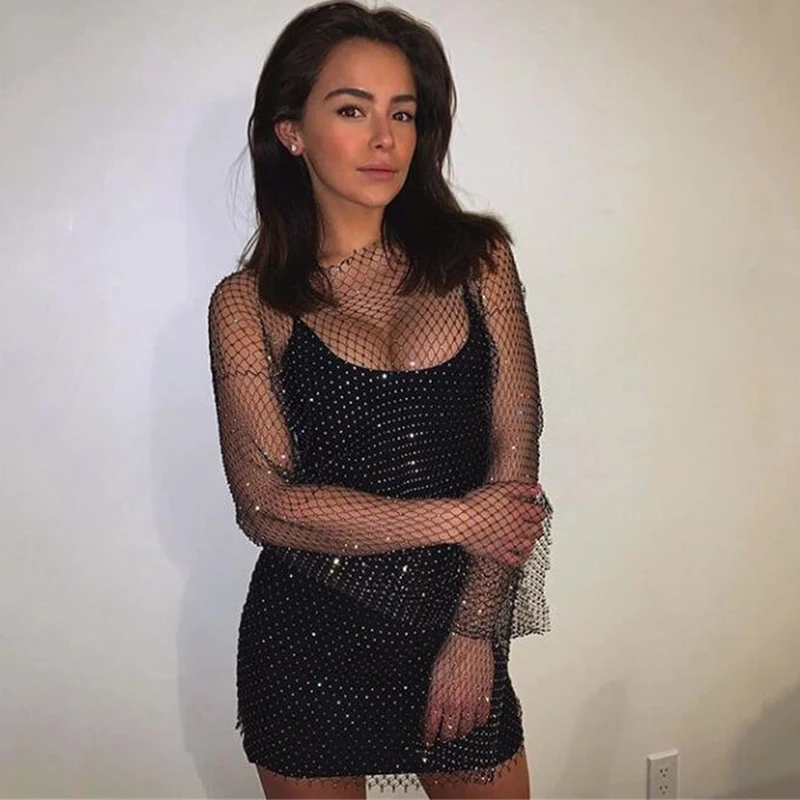 Beste Sparkle Strass Lange Mouw Jurk Grid O Hals Hoge Taille Sexy See Hoewel Vrouwen Slim Mini Jurken Seaside Holiday Fashion