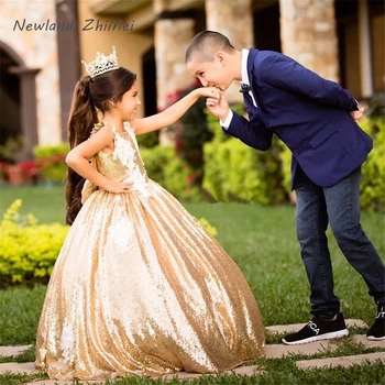 

Hot Gold Long Kids Pageant Ball Gown Comunion Dresses Girls Birthday Dresses Applique Sequined Flower Girls Dresses Sukienki