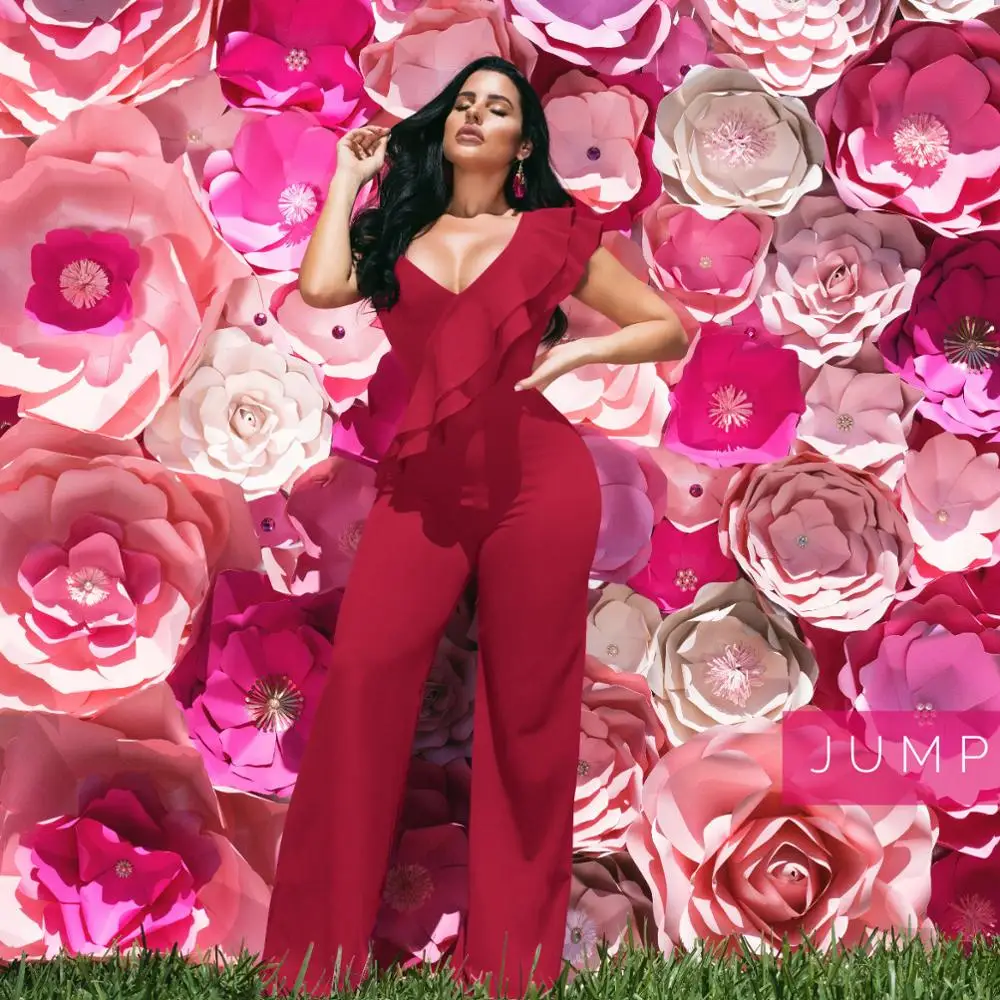 

Women Deep V Neck Ruffle Jumpsuit Sexy Party Club Loose Trousers Elegant sleeveless Single shoulder Wide Leg Pants