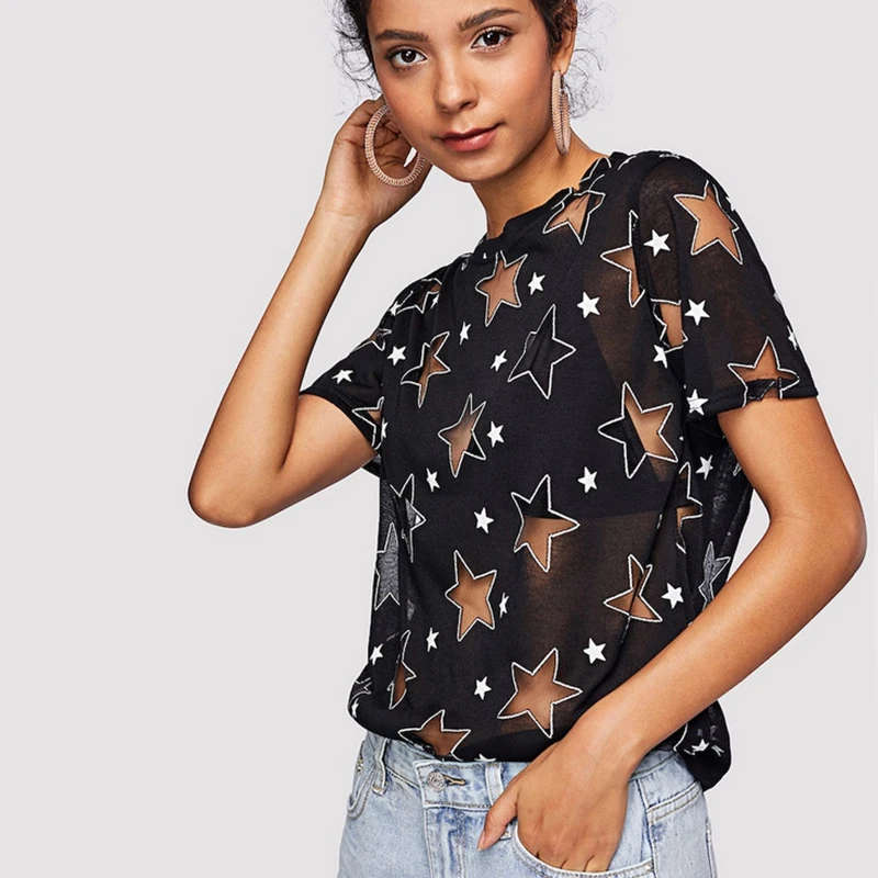 

black white sheer mesh trendy clothes summer fashion sexy tops t shirt women 2021 short sleeve tee shirts c25