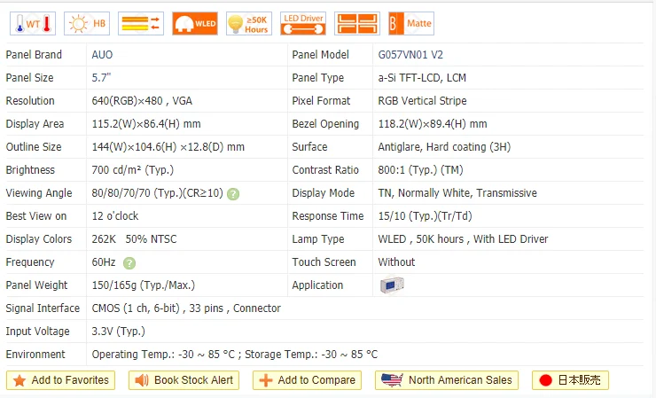 G057VN01 V2 ttl 5,7 дюймовый TFT ЖК-дисплей модуль яркости 800 нит и 640*480