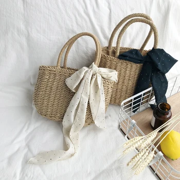 

Straw Bags For Women Scarves Bow Handbags Handmade Straw Summer Holiday Travel Straw Beach Bag Females Tote Hand-woven Straw Bag