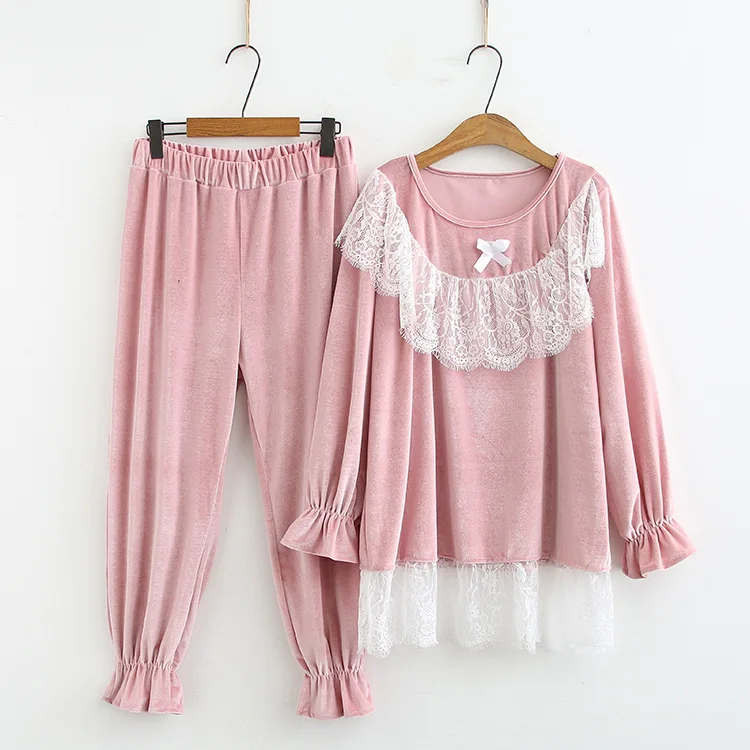 Blvyisla 6XL размера плюс, розовая бархатная Пижама, комплект из двух предметов, женский кружевной лоскутный зимний теплый пижамный комплект, более размера - Цвет: Розовый