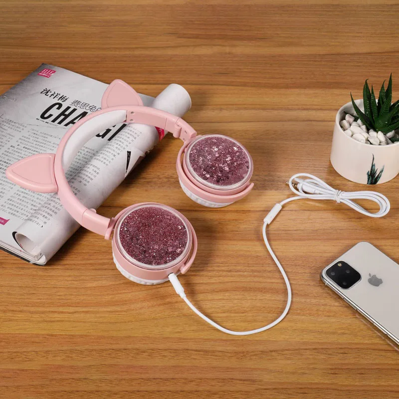 

Cute Cat Ear Meteor Sand gamer headset wired headphones with microphone Foldable music sports headset foldable with 3.5MM jack