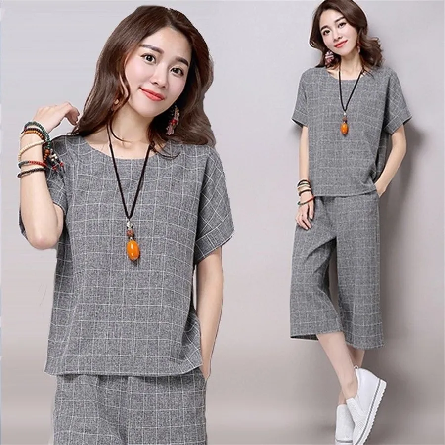 

2019 Women's Tracksuit Suit Set Two Piece Set Short Sleeve Plaid Top and Leg Pants 2 Piece Set Women Plus Size Lounge Wear Set