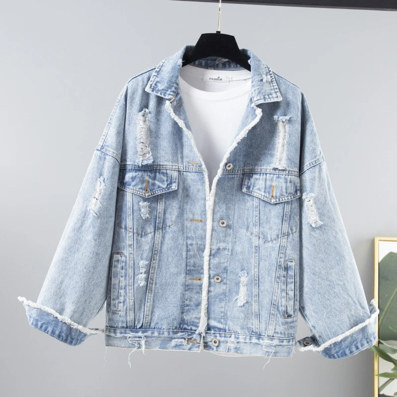 Осенняя ВИНТАЖНАЯ ДЖИНСОВАЯ КУРТКА с дырками Женская Базовая Chaqueta Mujer Свободная Повседневная однобортная джинсовая куртка с длинными рукавами пальто женское
