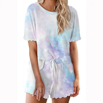 

Summer Printed Homewear Round Neck Short Sleeve T-shirt Shorts Loose Casual Tie-dye V-neck High Waist Short Sleeves Jumpsuit