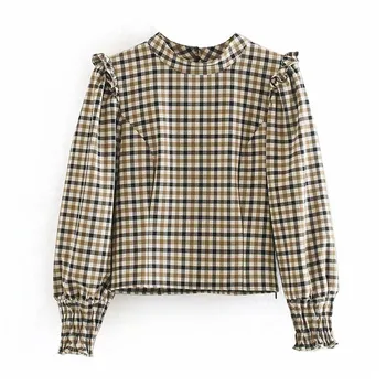 

Stylish changeable plaid crop top ruffles long sleeve slim fit side zipper shirts 2020 casual fashion tops blusas