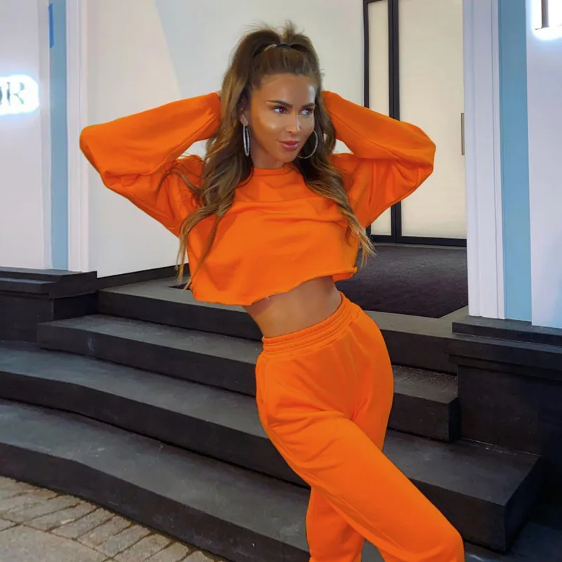 

Осень/Зима 2020 женский новый круглый вырез длинный рукав пупок Открытый свитер брюки с высокой талией Повседневный костюм для En *