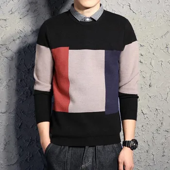 

Men Spring And Autumn Fashion Brand Korea Style Patchwork Fake Two Pieces Knitted Sweater Male Casual Slim Fit Pullover Sweater