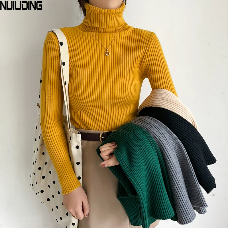 

2019 Pullovers Knitted Sweaters Women's Casual Slim Solid Turtleneck Sweet Pullovers Female Soft Jumper Tops Long Sleeve Outwear