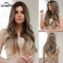 oneNonly Long Wavy Synthetic Wigs Ombre Brown Blonde Wigs for Women Cosplay Natural Middle Part Hair Wig High Temperature Fiber