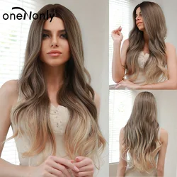 oneNonly Long Wavy Synthetic Wigs Ombre Brown Blonde Wigs for Women Cosplay Natural Middle Part Hair Wig High Temperature Fiber