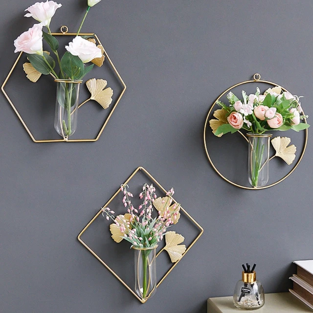 Kreatív Fali Függő Növények Váza Fém Ginkgo Levélkeret Geometriai Üveg Kémcső Hidroponikus Ültetvények Terrárium Hom - Image 3