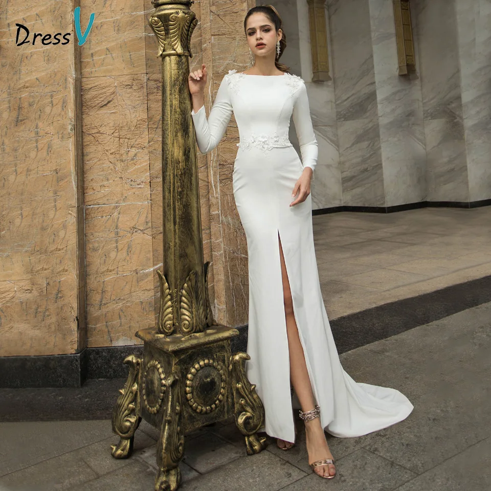 Слоновая кость Dressv свадебное платье с овальным вырезом и длинными рукавами, с аппликацией, с разрезом спереди, Русалка, для улицы и церкви, свадебное платье, на заказ - Цвет: Слоновая кость