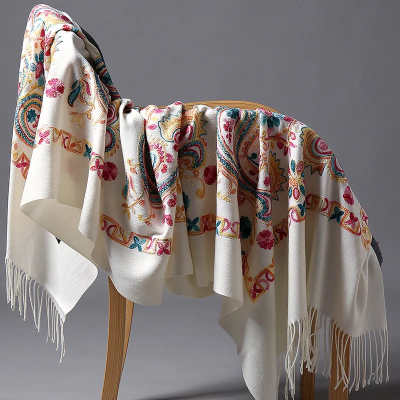  HanXi Ethnic Women Scarf Faux Cashmere Tassel Blankets Shawl Retro Embroidery Handkerchief Winter P