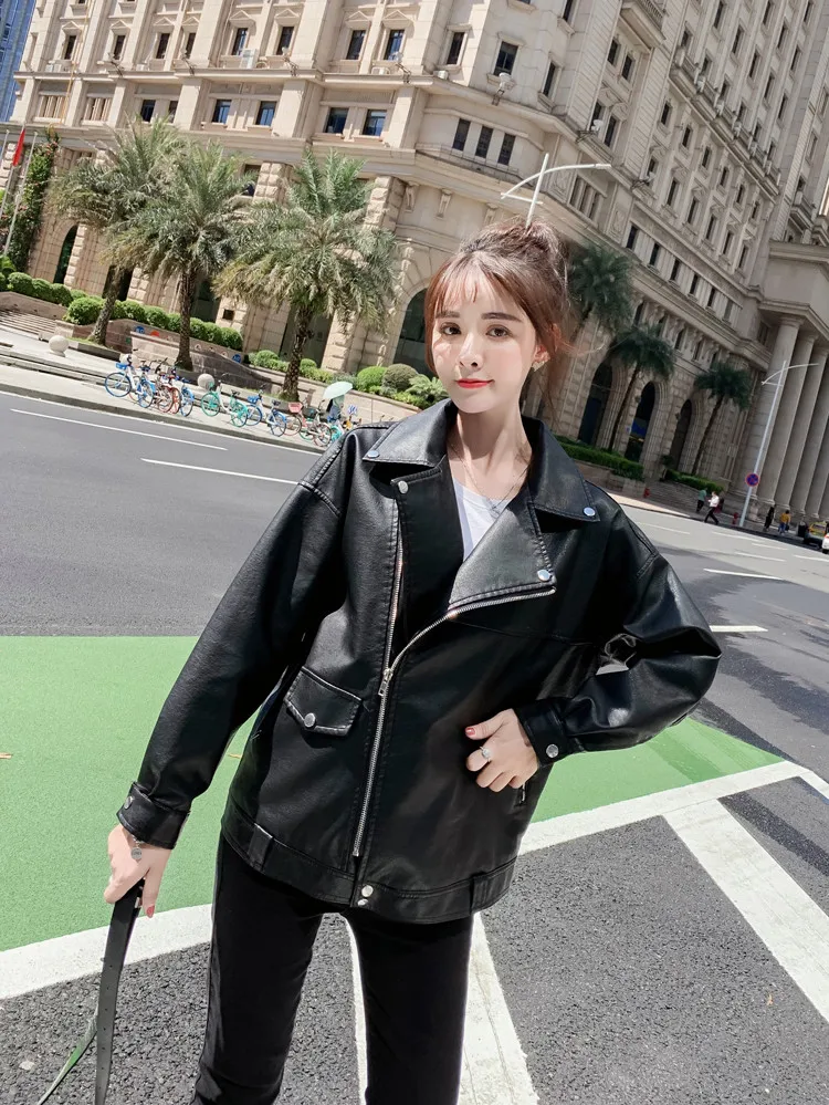 Sungtin, модная женская куртка из искусственной кожи, негабаритное пальто, весна-осень, свободные байкерские мотоциклетные куртки, женская панк уличная одежда