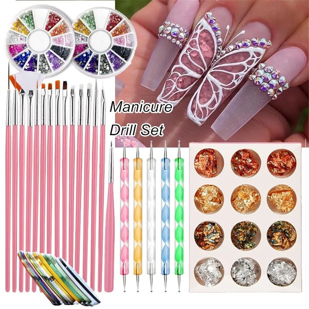 

Nail Brushes Set Nail Foil Stickers Set 1.5mm-2.0mm Nail Art Rhinestones Decoration Nail Art Dotting Painting Pen Manicure Set