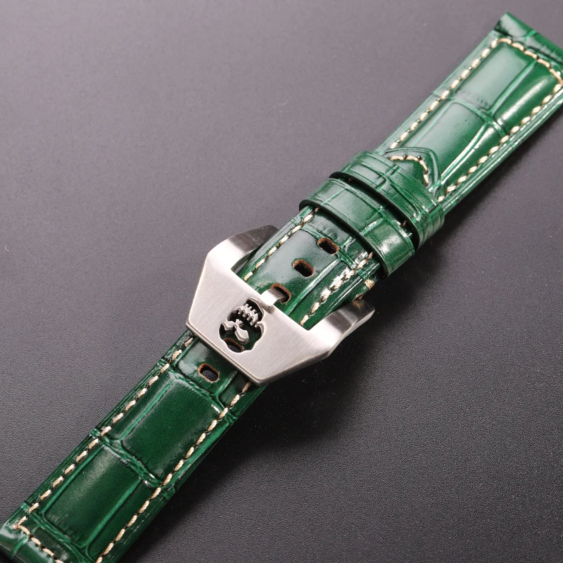 Genuine Leather Watchbands 22mm 24mm Thick Watch Band Strap Black Brown Orange Clock Belt Bracelet Skull Hollow Buckle For