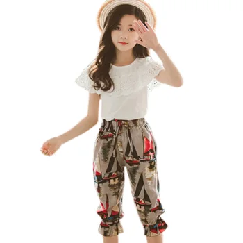 

Clothes For Girls Lace Short + Floral Pants 2PCS Costume For Girls Teenage Kids Summer Clothes 6 8 10 12 13 14 Year